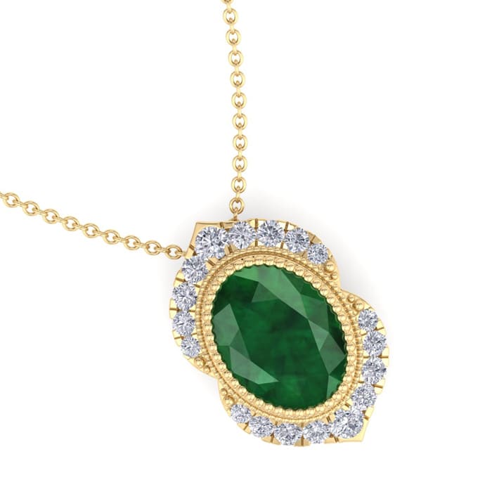 1-1/5 Carat Oval Shape Emerald Necklaces With Diamond Halo In 14 Karat Yellow Gold, 18 Inch Chain