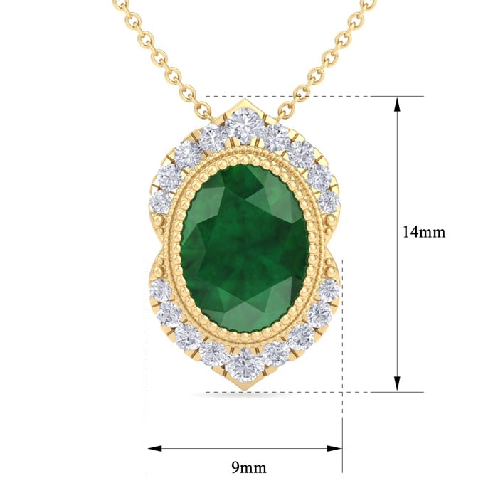 1-1/5 Carat Oval Shape Emerald Necklaces With Diamond Halo In 14 Karat Yellow Gold, 18 Inch Chain