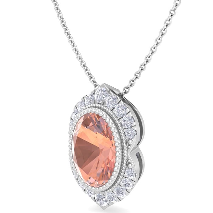 1-1/5 Carat Oval Shape Morganite Necklace With Fancy Diamond Halo In 14K White Gold With 18 Inch Chain