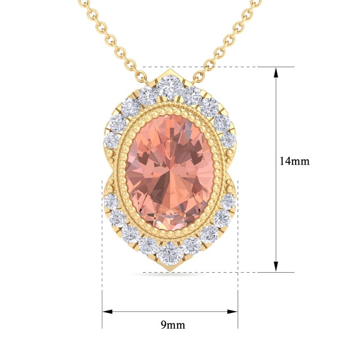 1-1/5 Carat Oval Shape Morganite Necklace With Fancy Diamond Halo In 14K Yellow Gold With 18 Inch Chain
