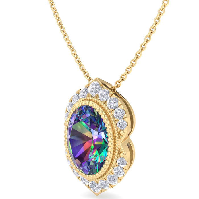 1-3/4 Carat Oval Shape Mystic Topaz Necklace With Diamond Halo In 14 Karat Yellow Gold, 18 Inches