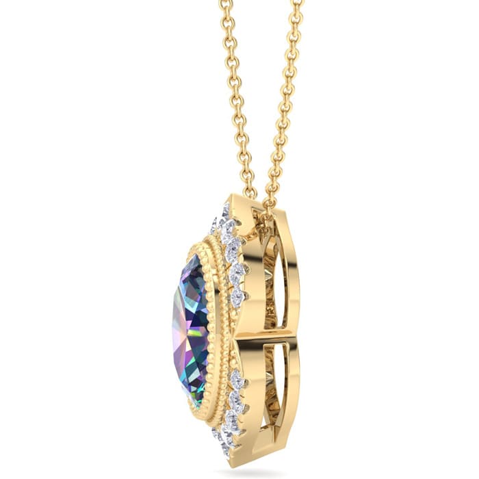 1-3/4 Carat Oval Shape Mystic Topaz Necklace With Diamond Halo In 14 Karat Yellow Gold, 18 Inches
