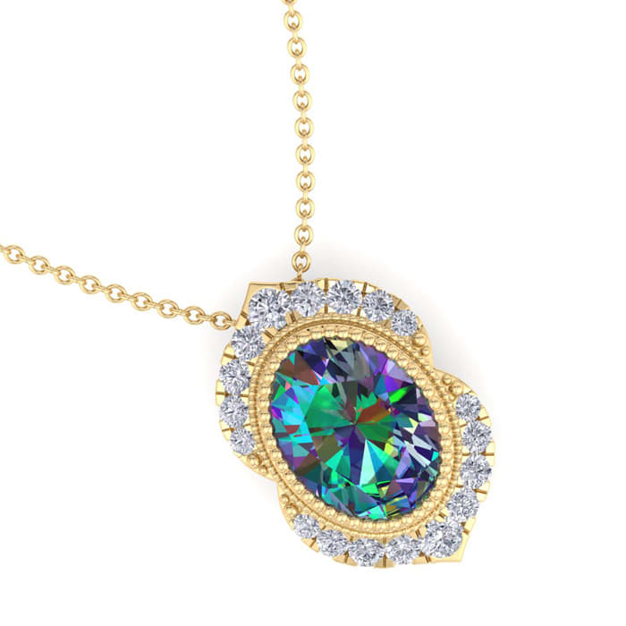 1-3/4 Carat Oval Shape Mystic Topaz Necklace With Diamond Halo In 14 Karat Yellow Gold, 18 Inches