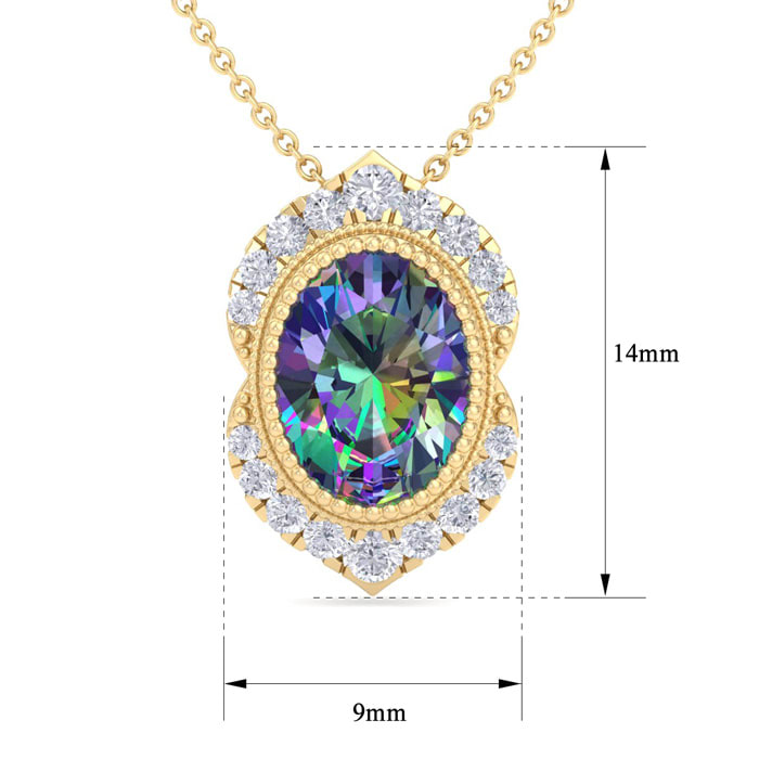 1-3/4 Carat Oval Shape Mystic Topaz Necklace With Diamond Halo In 14 Karat Yellow Gold, 18 Inches