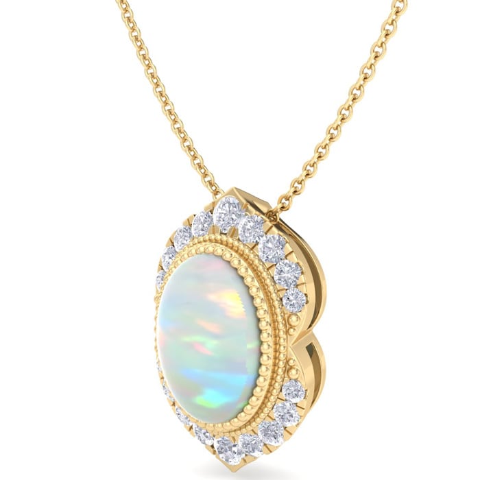 1-1/5 Carat Oval Shape Opal and Diamond Necklace In 14K Yellow Gold