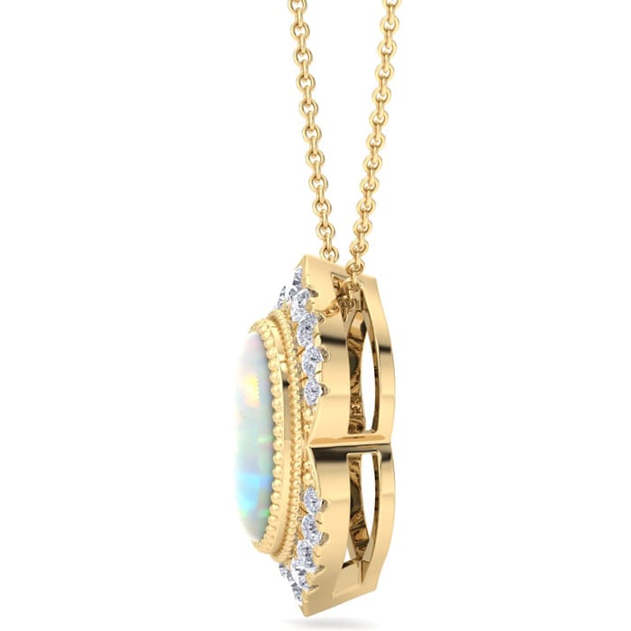 1-1/5 Carat Oval Shape Opal and Diamond Necklace In 14K Yellow Gold