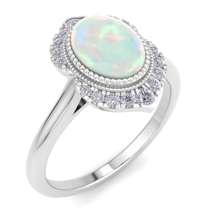 1-1/5 Carat Oval Shape Opal Ring and Diamonds In 14K White Gold