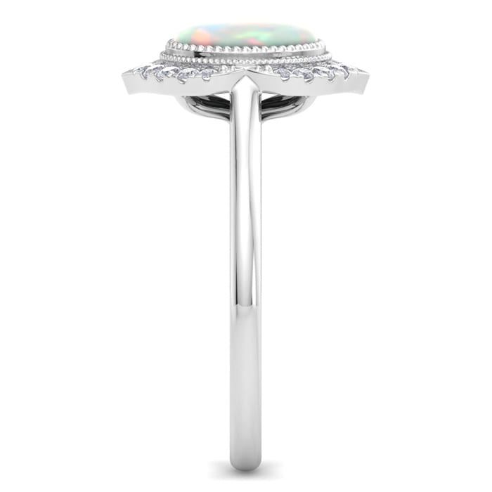 1-1/5 Carat Oval Shape Opal Ring and Diamonds In 14K White Gold