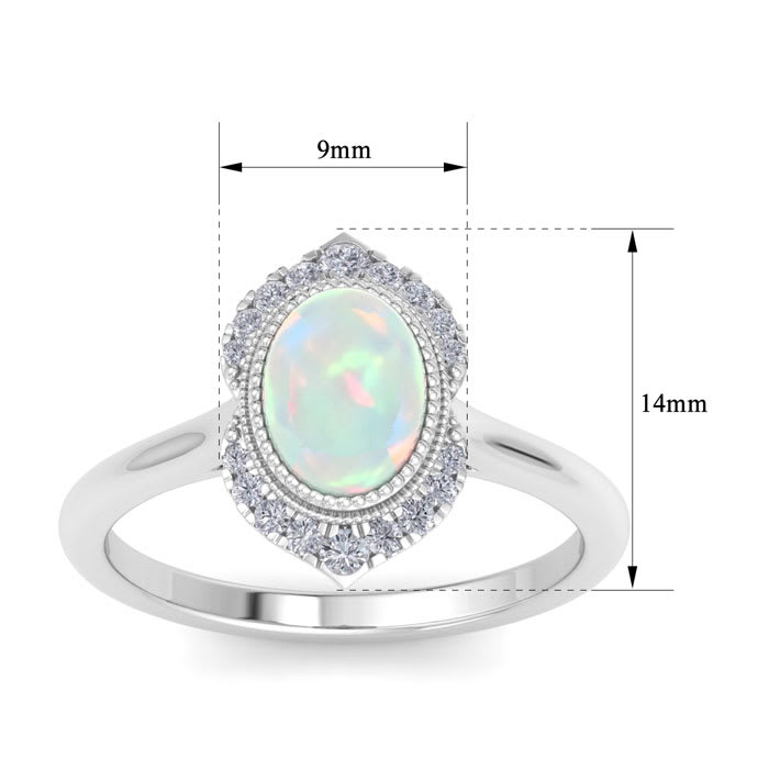 1-1/5 Carat Oval Shape Opal Ring and Diamonds In 14K White Gold