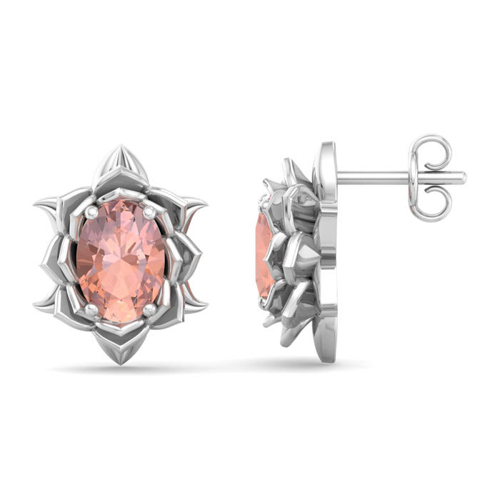 1-1/2 Carat Oval Shape Morganite Ornate Stud Earrings In 14K White Gold