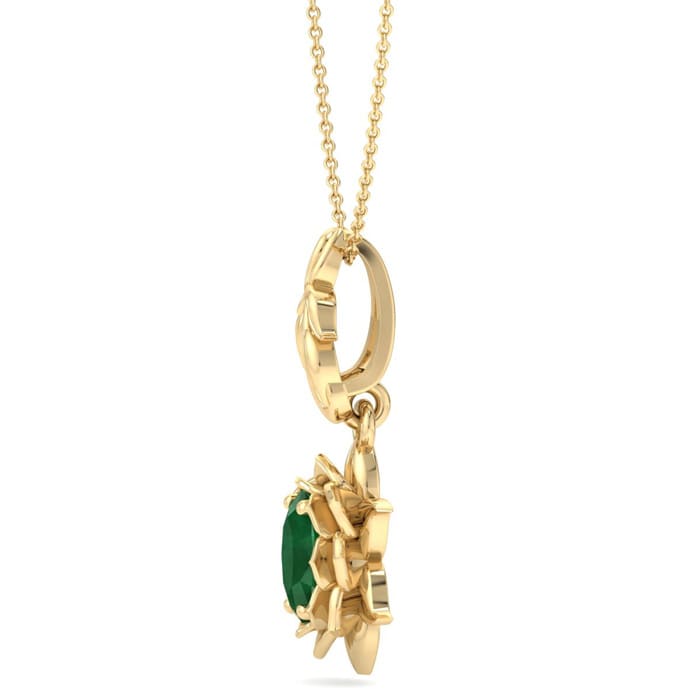 3/4 Carat Oval Shape Emerald Necklaces With Ornate Vine Design In 14 Karat Yellow Gold, 18 Inch Chain