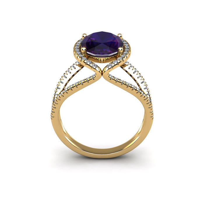 1 1/2 Carat Oval Shape Amethyst and Halo Diamond Ring In 14 Karat Yellow Gold