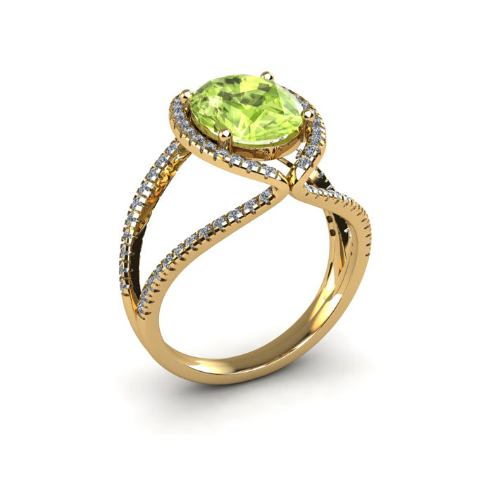 1 3/4 Carat Oval Shape Peridot and Halo Diamond Ring In 14 Karat Yellow Gold