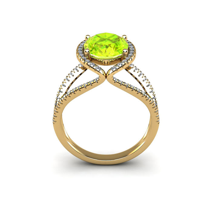 1 3/4 Carat Oval Shape Peridot and Halo Diamond Ring In 14 Karat Yellow Gold