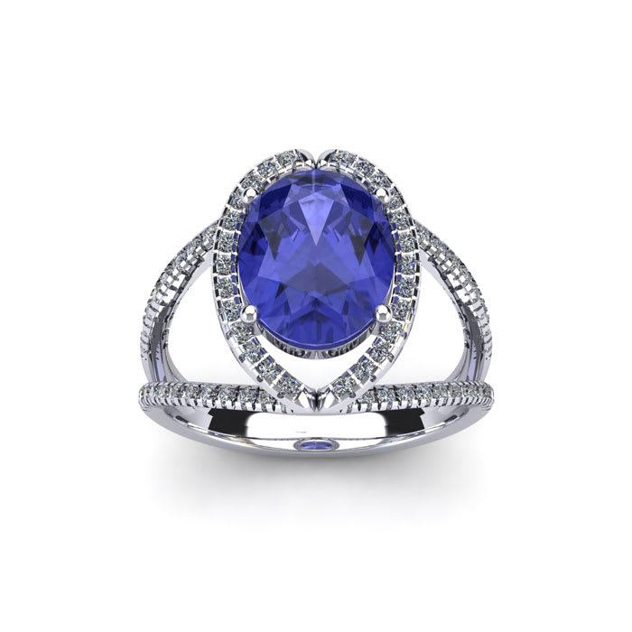 1 3/4 Carat Oval Shape Tanzanite and Halo Diamond Ring In 14 Karat White Gold

