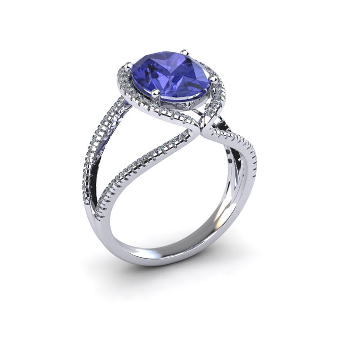 1 3/4 Carat Oval Shape Tanzanite and Halo Diamond Ring In 14 Karat White Gold
