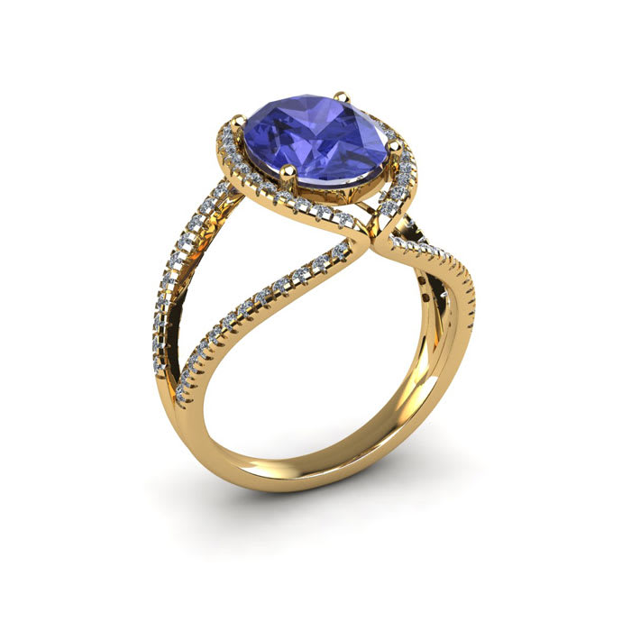 1 3/4 Carat Oval Shape Tanzanite and Halo Diamond Ring In 14 Karat Yellow Gold

