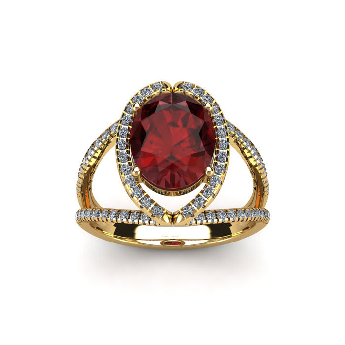 Garnet Ring: Garnet Jewelry: 2 Carat Oval Shape Garnet and Halo Diamond Ring In 14 Karat Yellow Gold

