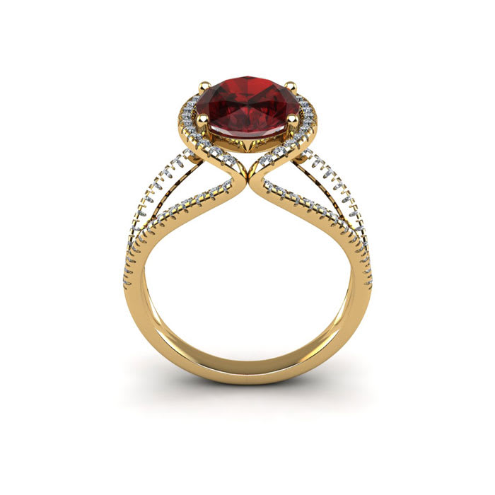 Garnet Ring: Garnet Jewelry: 2 Carat Oval Shape Garnet and Halo Diamond Ring In 14 Karat Yellow Gold
