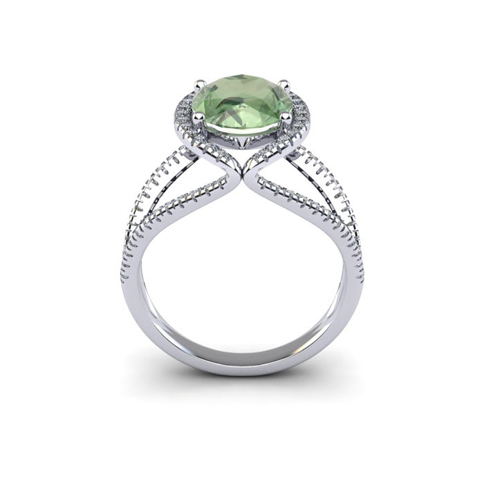 1 1/2 Carat Oval Shape Green Amethyst and Halo Diamond Ring In 14 Karat White Gold
