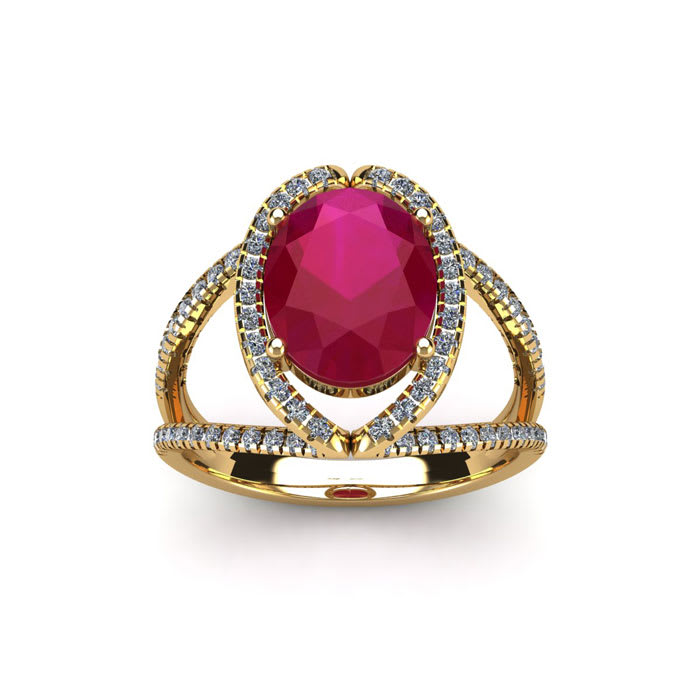 2 Carat Oval Shape Ruby and Halo Diamond Ring In 14 Karat Yellow Gold