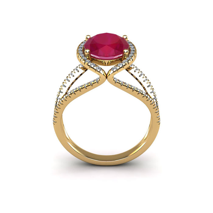 2 Carat Oval Shape Ruby and Halo Diamond Ring In 14 Karat Yellow Gold