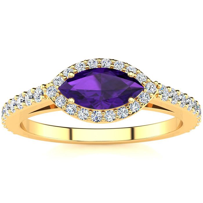 Retrograde Birthstones 3 4 Carat Marquise Shape Amethyst and Halo Diamond Ring In 14 Karat Yellow Gold