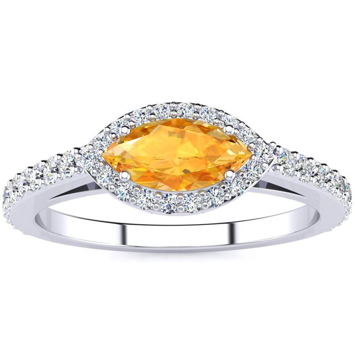 3/4 Carat Marquise Shape Citrine and Halo Diamond Ring In 14 Karat White Gold