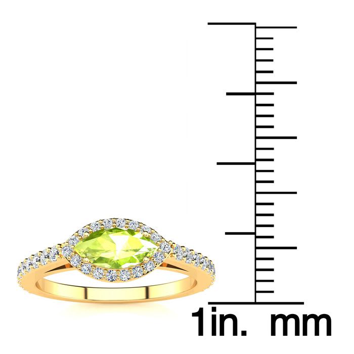 3/4 Carat Marquise Shape Peridot and Halo Diamond Ring In 14 Karat Yellow Gold