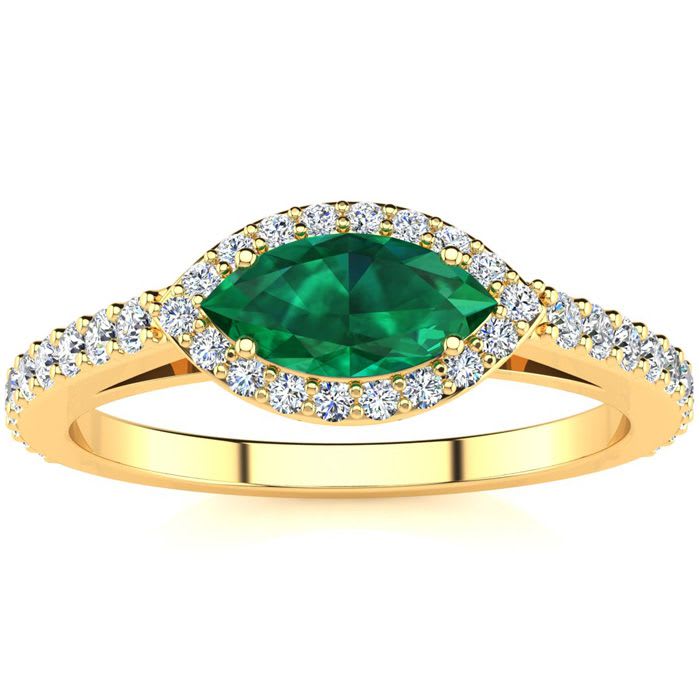 3/4 Carat Marquise Shape Emerald and Halo Diamond Ring In 14 Karat Yellow Gold