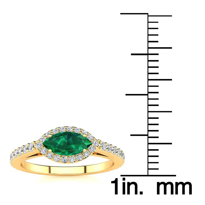 3/4 Carat Marquise Shape Emerald and Halo Diamond Ring In 14 Karat Yellow Gold