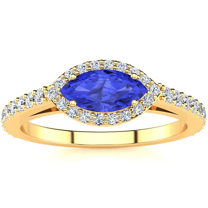 3/4 Carat Marquise Shape Tanzanite and Halo Diamond Ring In 14 Karat Yellow Gold