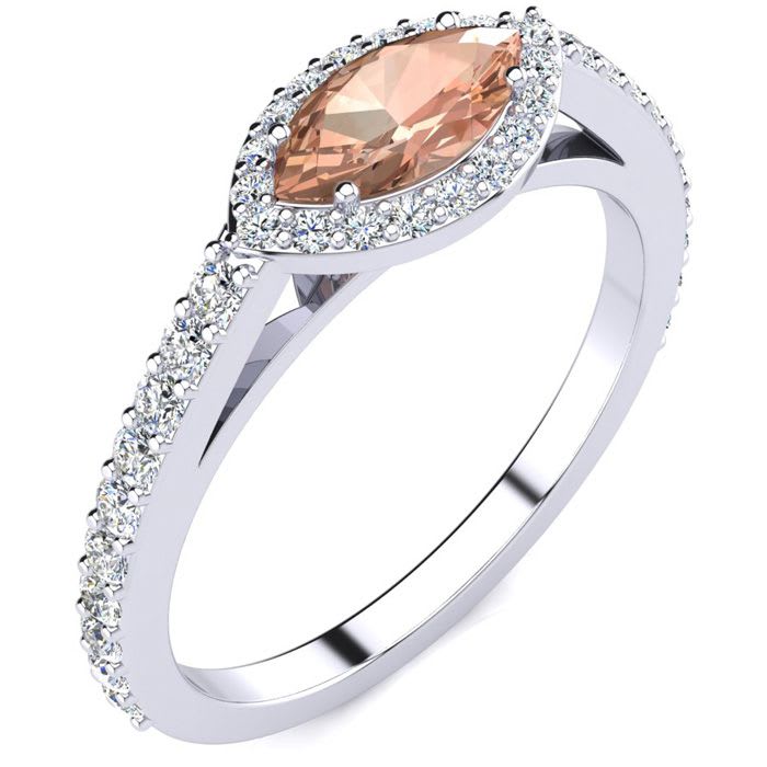 3/4 Carat Marquise Shape Morganite and Halo Diamond Ring In 14 Karat White Gold