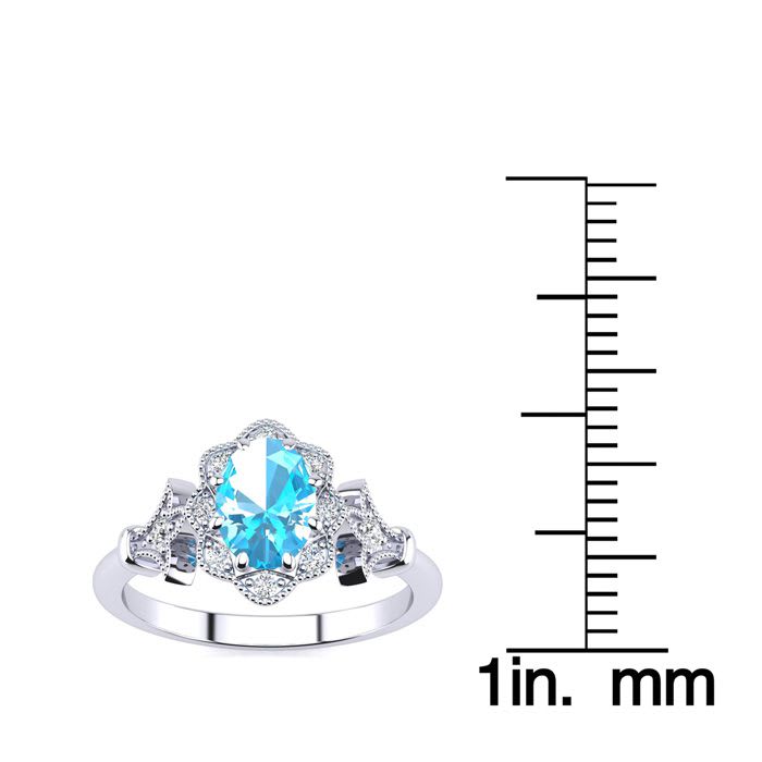 1 Carat Oval Shape Blue Topaz and Halo Diamond Vintage Ring In 14 Karat White Gold