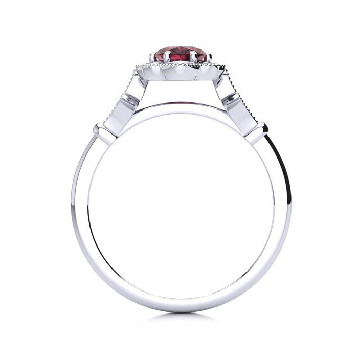 Garnet Ring: Garnet Jewelry: 1 Carat Oval Shape Garnet and Halo Diamond Vintage Ring In 14 Karat White Gold