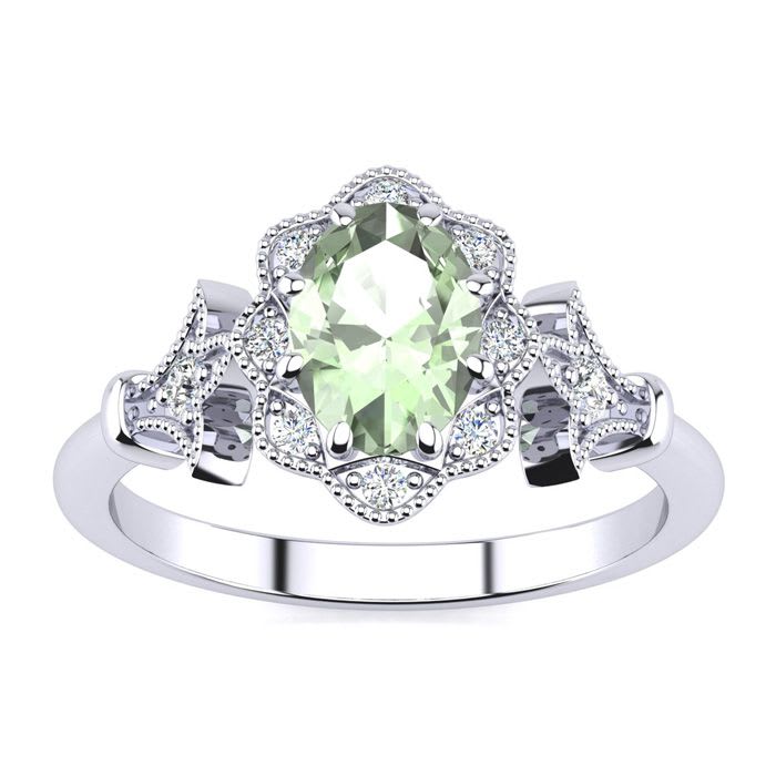3/4 Carat Oval Shape Green Amethyst and Halo Diamond Vintage Ring In 14 Karat White Gold