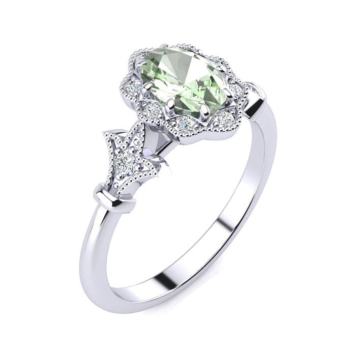 3/4 Carat Oval Shape Green Amethyst and Halo Diamond Vintage Ring In 14 Karat White Gold