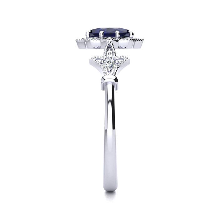 1 Carat Oval Shape Sapphire and Halo Diamond Vintage Ring In 14 Karat White Gold