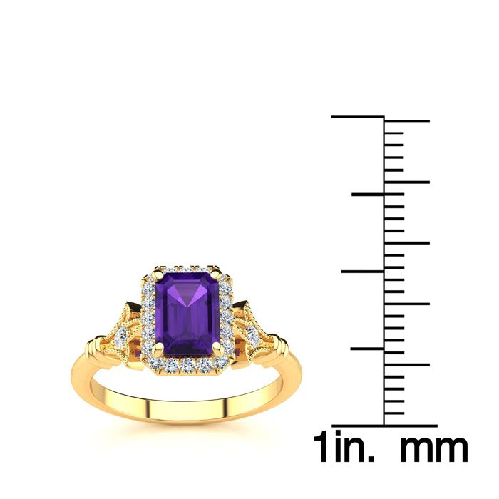 1 Carat Amethyst and Halo Diamond Vintage Ring In 14 Karat Yellow Gold