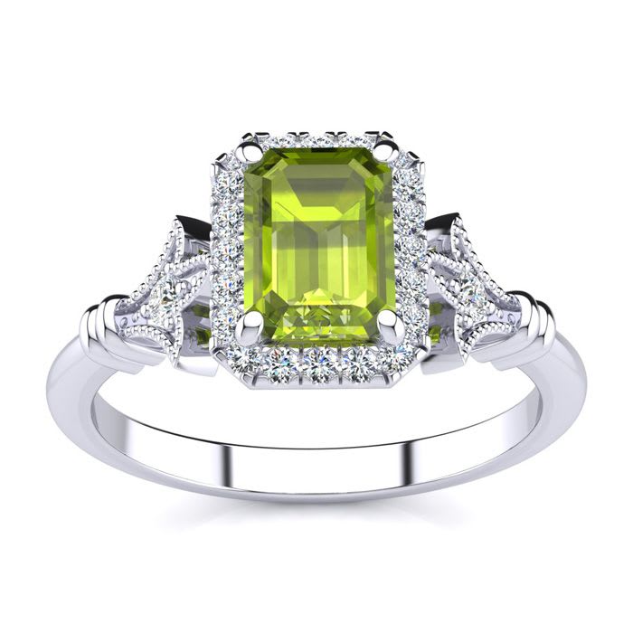 1 1/2 Carat Peridot and Halo Diamond Vintage Ring In 14 Karat White Gold