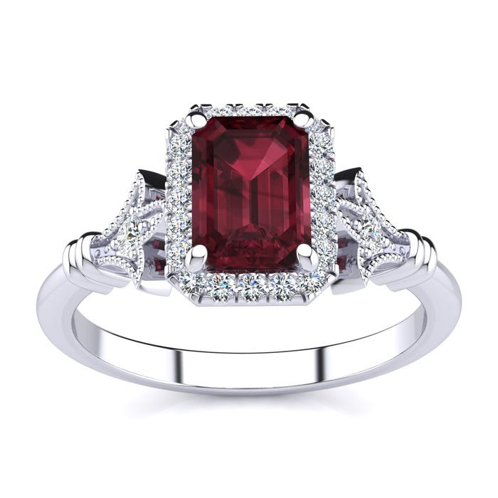 Garnet Ring: Garnet Jewelry: 1 1/2 Carat Garnet and Halo Diamond Vintage Ring In 14 Karat White Gold
