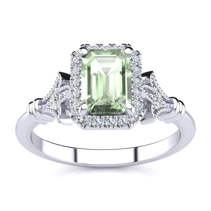 1 Carat Green Amethyst and Halo Diamond Vintage Ring In 14 Karat White Gold