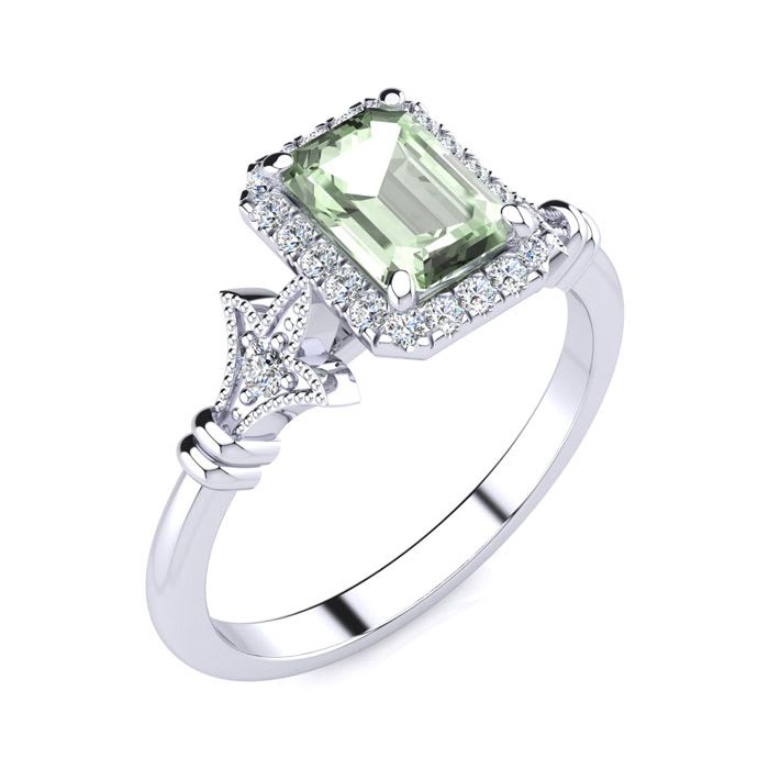 1 Carat Green Amethyst and Halo Diamond Vintage Ring In 14 Karat White Gold