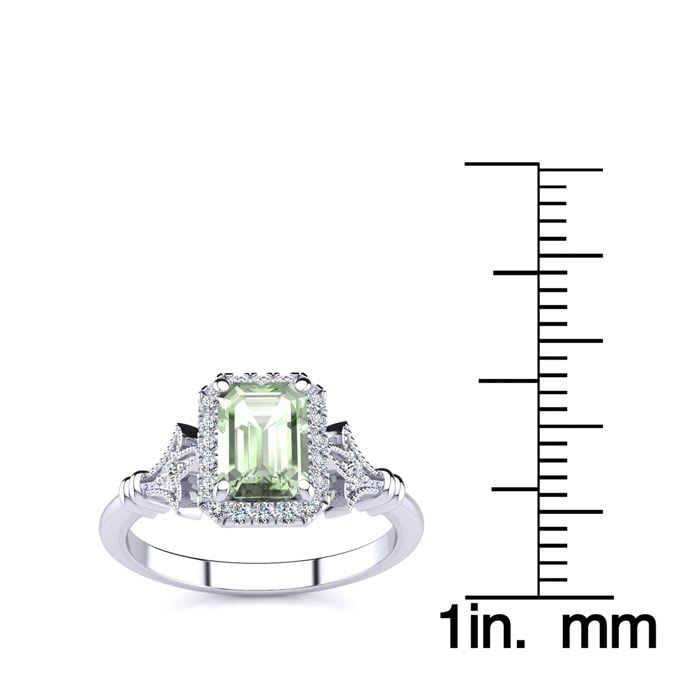 1 Carat Green Amethyst and Halo Diamond Vintage Ring In 14 Karat White Gold