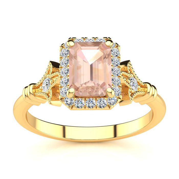 1 Carat Morganite and Halo Diamond Vintage Ring In 14 Karat Yellow Gold