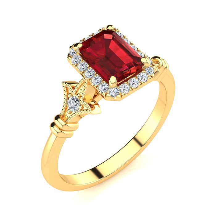 1 1/4 Carat Ruby and Halo Diamond Vintage Ring In 14 Karat Yellow Gold