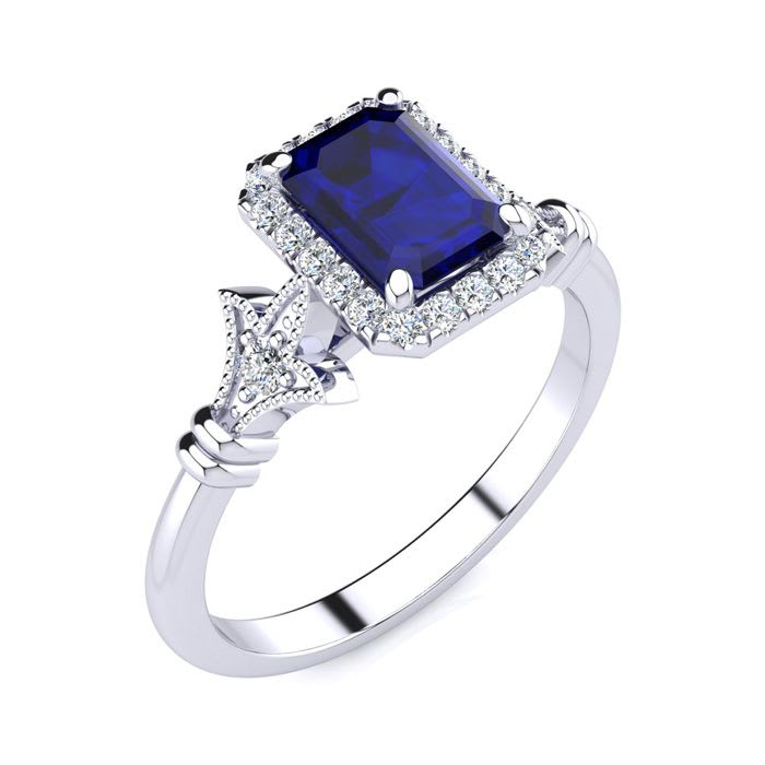 1 1/2 Carat Sapphire and Halo Diamond Vintage Ring In 14 Karat White Gold