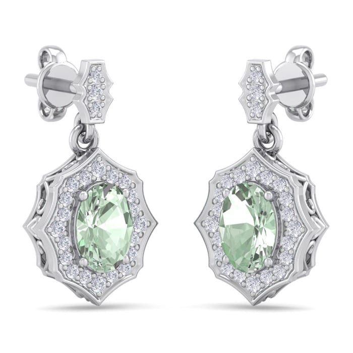 1 2/3 Carat Oval Shape Green Amethyst and Diamond Dangle Earrings In 14 Karat White Gold
