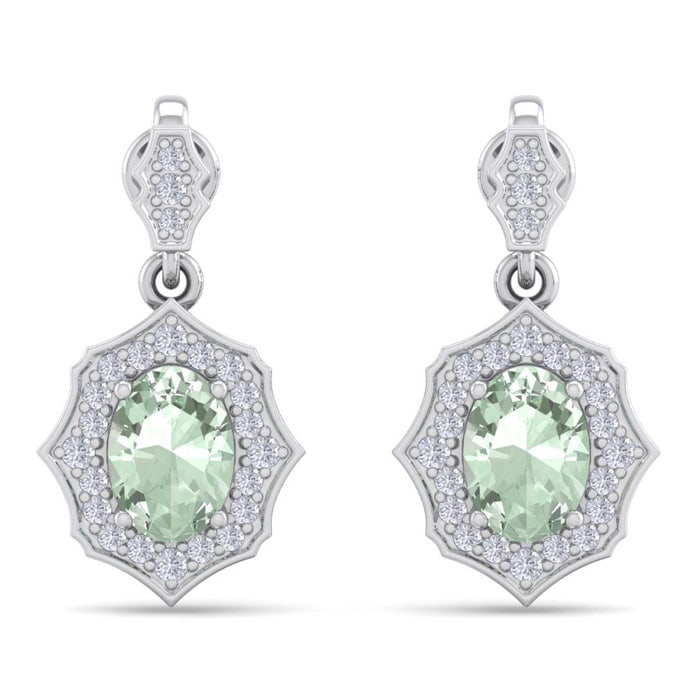 1 2/3 Carat Oval Shape Green Amethyst and Diamond Dangle Earrings In 14 Karat White Gold