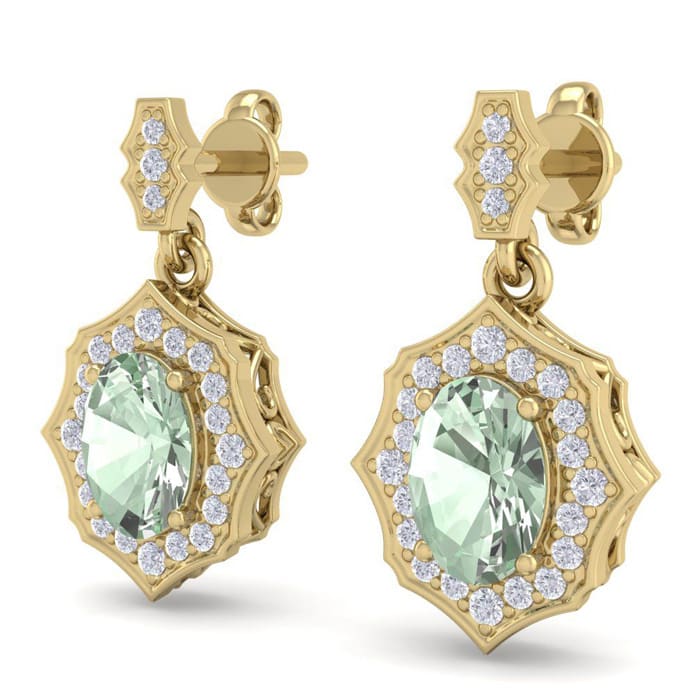 1 2/3 Carat Oval Shape Green Amethyst and Diamond Dangle Earrings In 14 Karat Yellow Gold
